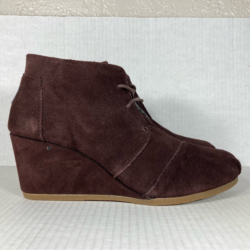 Toms Booties Size 10 Womens Brown Tan Suede Leather Wedge Comfort Casual Boots
